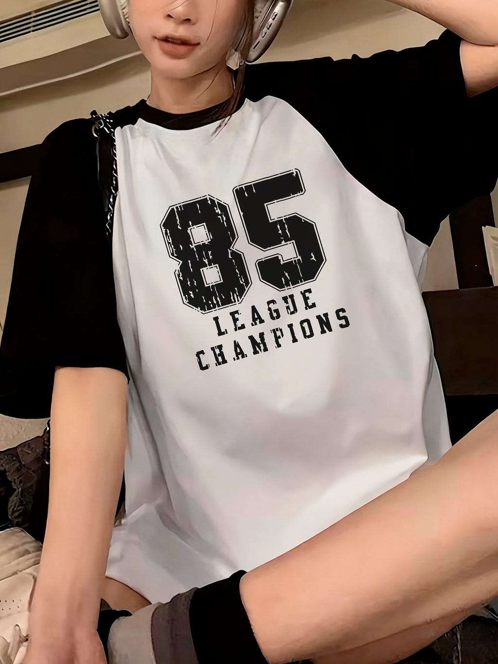 Women's Y2K Color Block Raglan T-Shirt - "85 League Champions" Varsity Graphic Print, Contrast Sleeve Crew Neck Casual Tee, Retro Streetwear Top Khaki Olive Green S-XXL