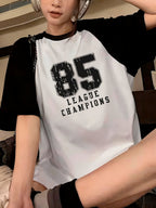 Women's Y2K Color Block Raglan T-Shirt - "85 League Champions" Varsity Graphic Print, Contrast Sleeve Crew Neck Casual Tee, Retro Streetwear Top Khaki Olive Green S-XXL