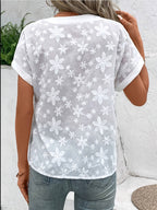 Floral Embroidered V-Neck Blouse Women Loose Casual Summer Tops White Batwing Short Sleeve Button Detail Lightweight Woven Shirt S-XXL