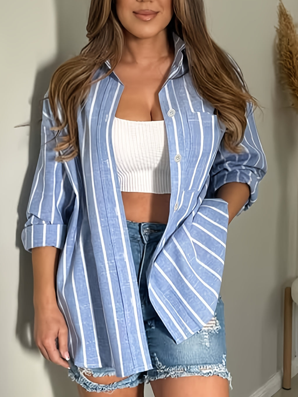 Women's Striped Oversized Button Down Shirt Long Sleeve - Lapel Collar Loose Casual Blouse with Pocket, Classic Vertical Stripe Top Blue Pink Khaki S-XXL