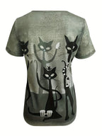Women's V-Neck Animal Print T-Shirt – Casual Knit Stretch Top Olive Short Sleeve Everyday Tee S-XXL Soft Polyester Blend