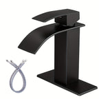 Waterfall Bathroom Sink Faucet Single Handle Hot & Cold - Universal 1 or 3 Hole Countertop Mount, RV Vanity Faucet with Water Supply Hose, Modern Design in Black, Black Gold & Silver