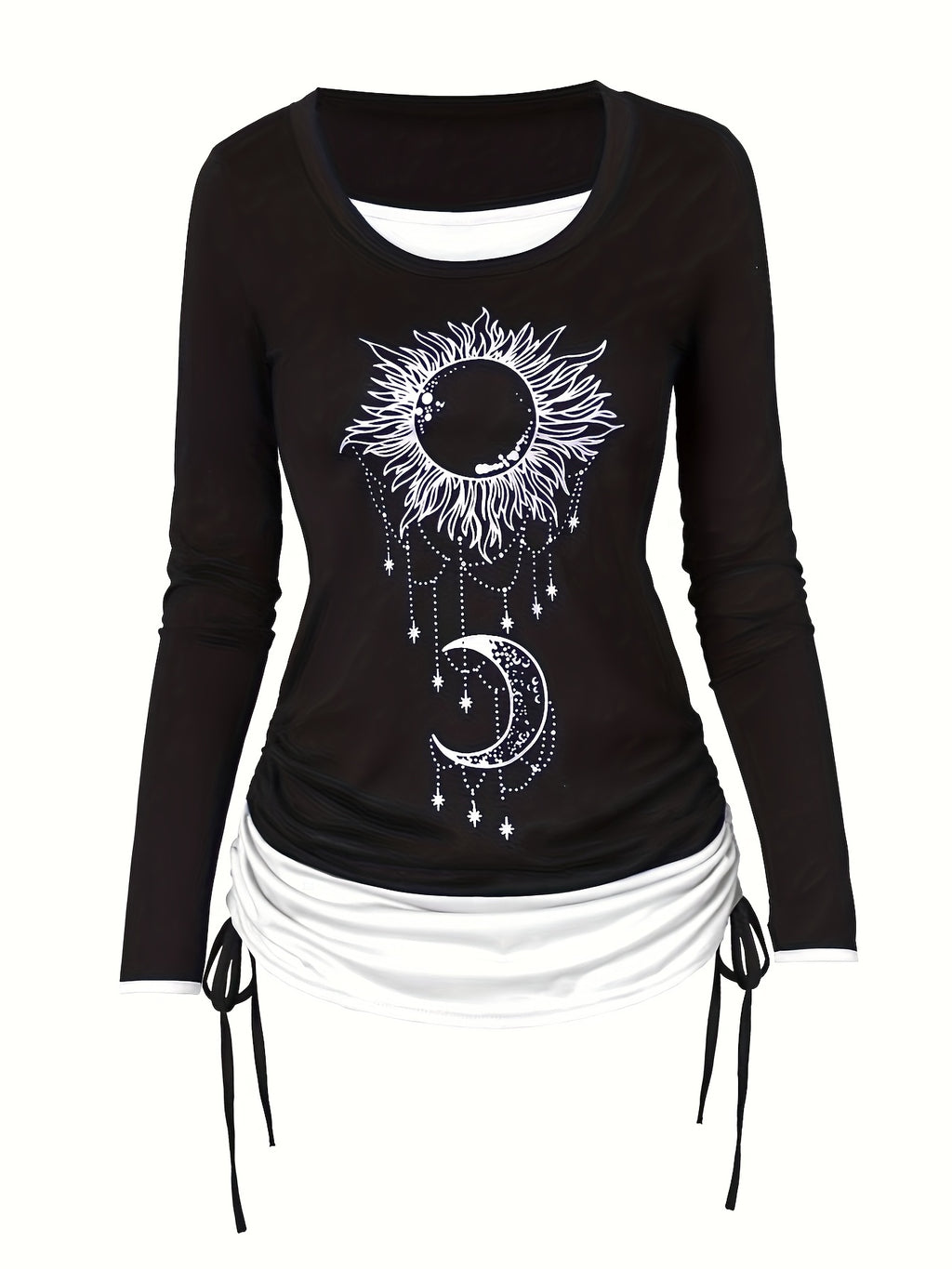 Women's Moon Sun Print Long Sleeve T-Shirt Colorblock Ruched Side Tie Casual Top Stretch Knit 2-in-1 Style Fashion Tee S M L XL XXL