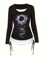 Women's Moon Sun Print Long Sleeve T-Shirt Colorblock Ruched Side Tie Casual Top Stretch Knit 2-in-1 Style Fashion Tee S M L XL XXL