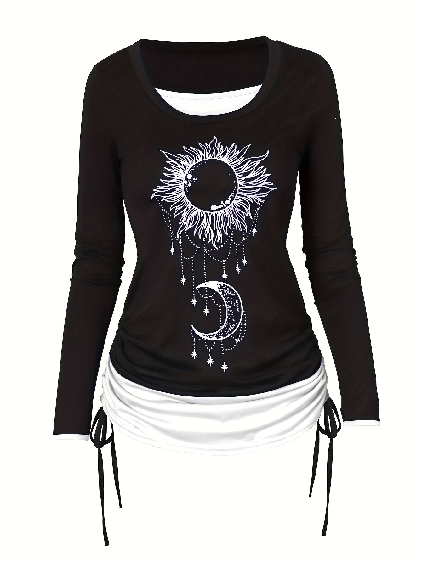 Women's Moon Sun Print Long Sleeve T-Shirt Colorblock Ruched Side Tie Casual Top Stretch Knit 2-in-1 Style Fashion Tee S M L XL XXL