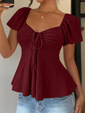 Women's Y2K Jacquard V-Neck Drawstring T-Shirt – Solid Color Short Sleeve Breathable Elegant Top for Spring & Summer