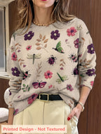 Women's Insect Floral Print Sweater Casual Long Sleeve Crew Neck Pullover Knit Top for Autumn Winter | Lightweight Soft Stretch All-Over Pattern