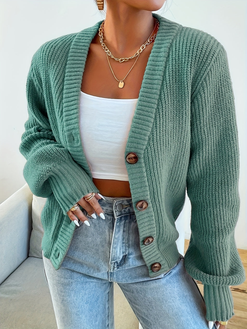 Women's Ribbed Knit Cardigan Button Front V-Neck Long Sleeve - Olive Green Loose Fit Chunky Sweater, Casual Cozy Fall Winter Layering Cardigan S-XXL