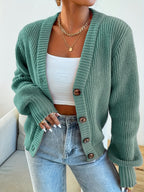 Women's Ribbed Knit Cardigan Button Front V-Neck Long Sleeve - Olive Green Loose Fit Chunky Sweater, Casual Cozy Fall Winter Layering Cardigan S-XXL