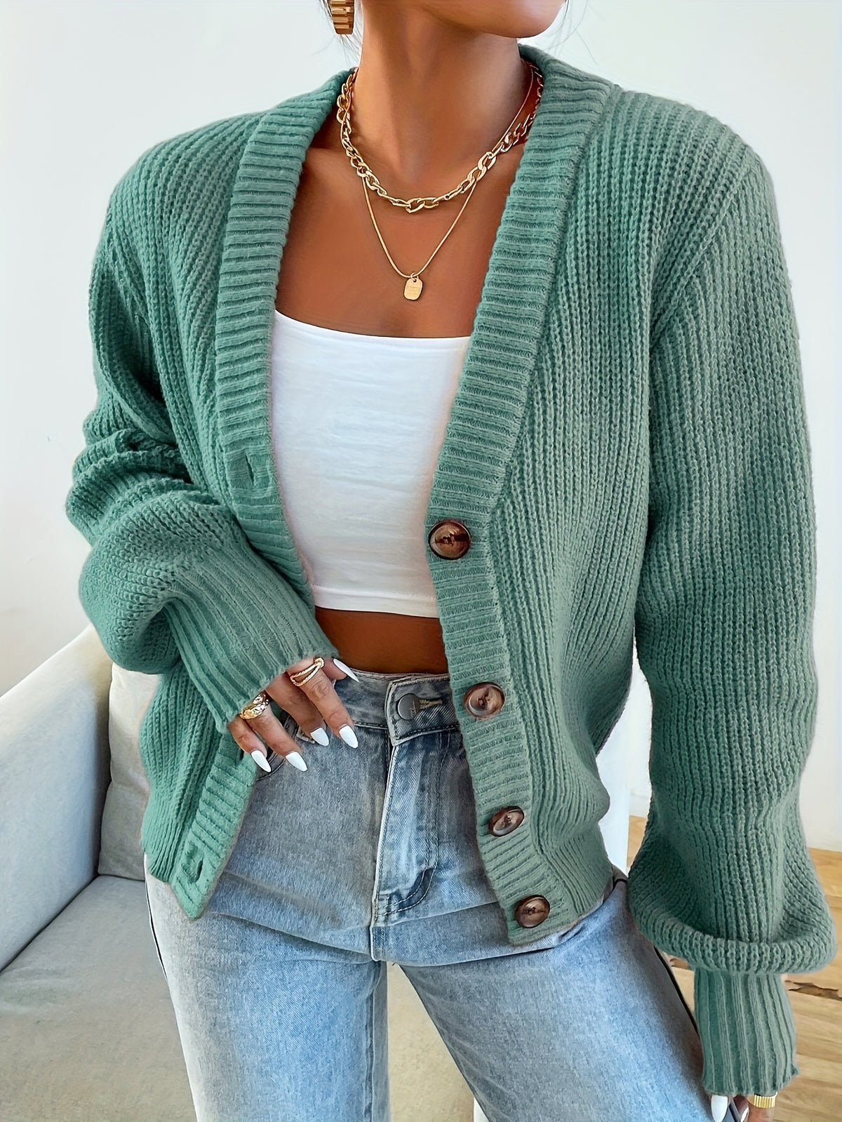 Women's Ribbed Knit Cardigan Button Front V-Neck Long Sleeve - Olive Green Loose Fit Chunky Sweater, Casual Cozy Fall Winter Layering Cardigan S-XXL