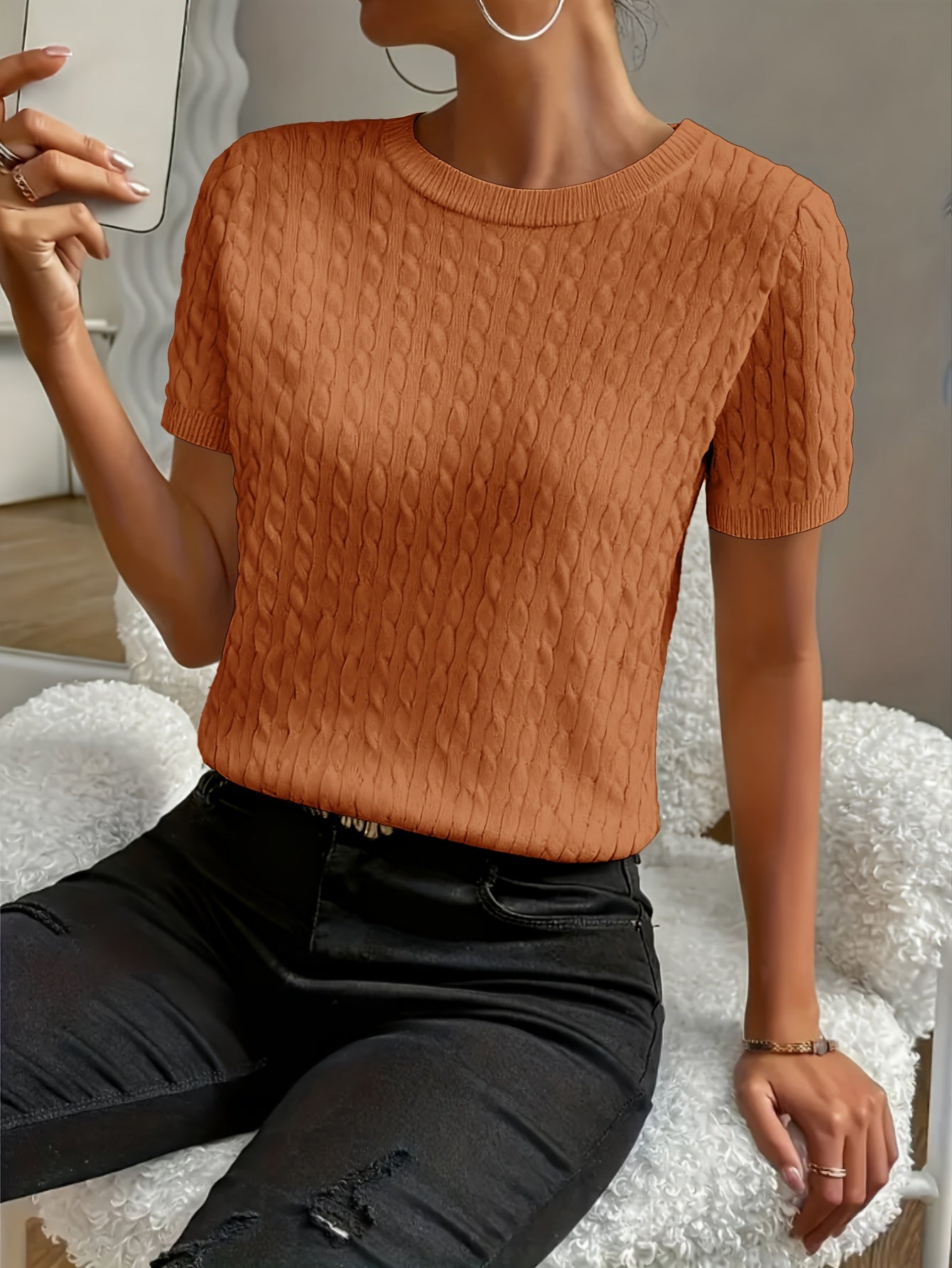 Women's Ribbed Knit Short Sleeve Pullover Top | Crew Neck Minimalist Casual Summer T-Shirt Versatile Stretch Comfort