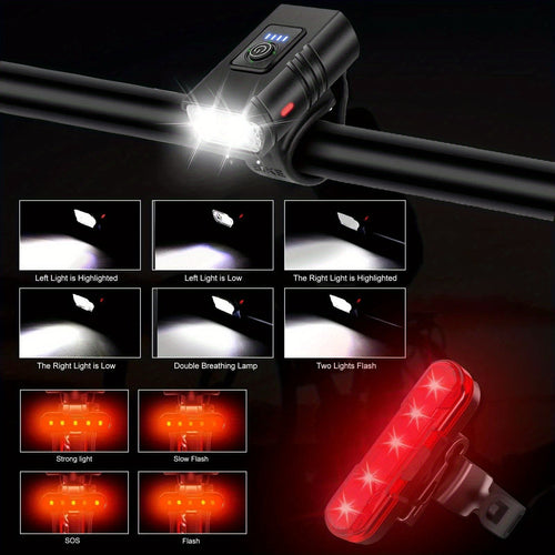 USB Rechargeable LED Bike Light Set with Whistle – 1500 Lumen 6+4 Modes Front & Rear Bicycle Lights, Power Display, Portable Safe Night Cycling Headlight & Taillight