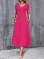 V-Neck A-Line Dress with Pockets Women Short Sleeve Casual Solid Color Knit Stretch Machine Washable Blue Black Navy Burgundy Olive Dark Green S M L XL XXL