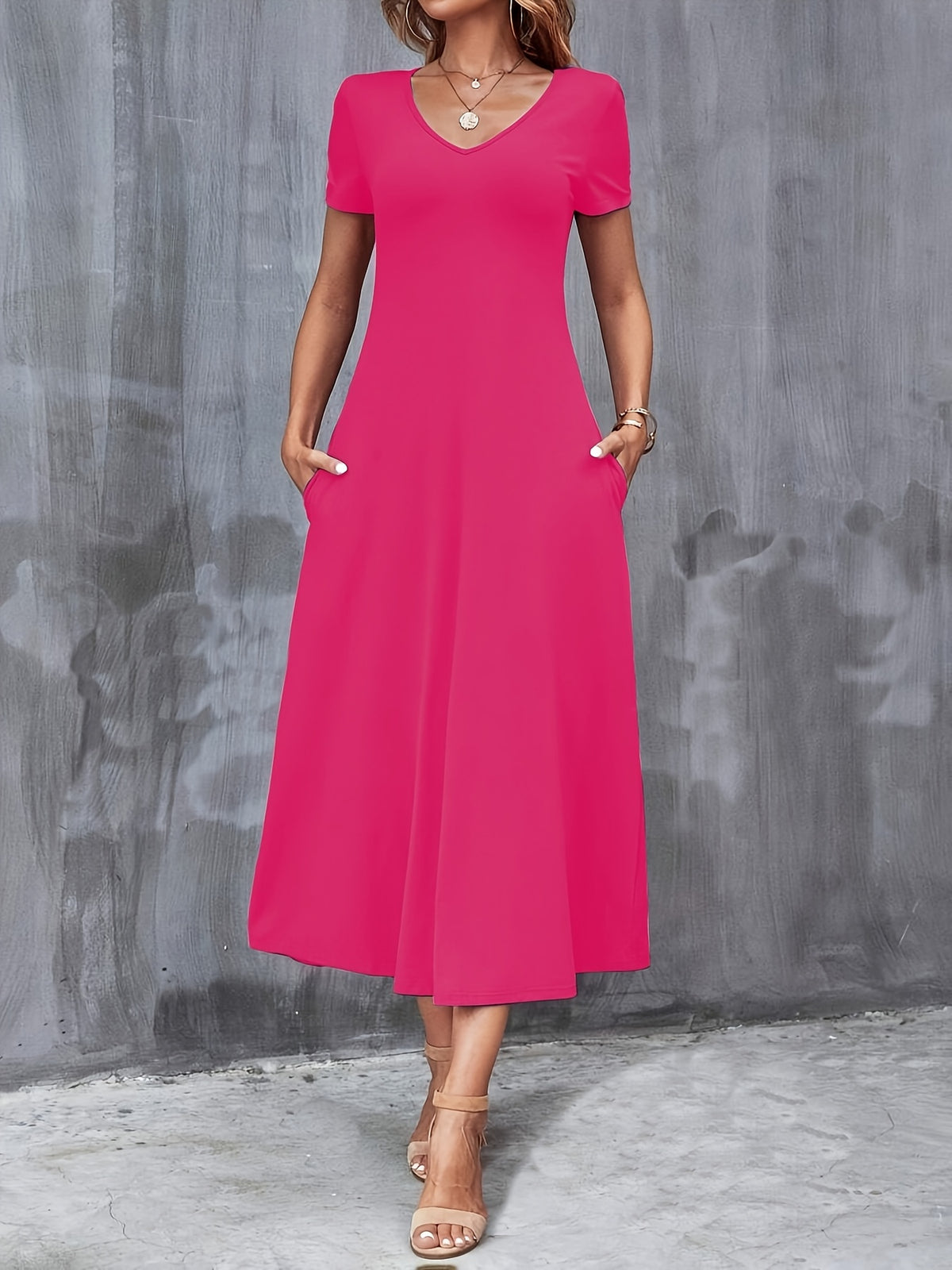 V-Neck A-Line Dress with Pockets Women Short Sleeve Casual Solid Color Knit Stretch Machine Washable Blue Black Navy Burgundy Olive Dark Green S M L XL XXL