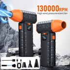 130000 RPM Turbo Fan Blower with USB-C Fast Charging, Smart Display & LED Light – 100 Wind Speed Settings for Car Cleaning, Dust Removal, Leaf Blowing, BBQ & Cooling – Black & Orange