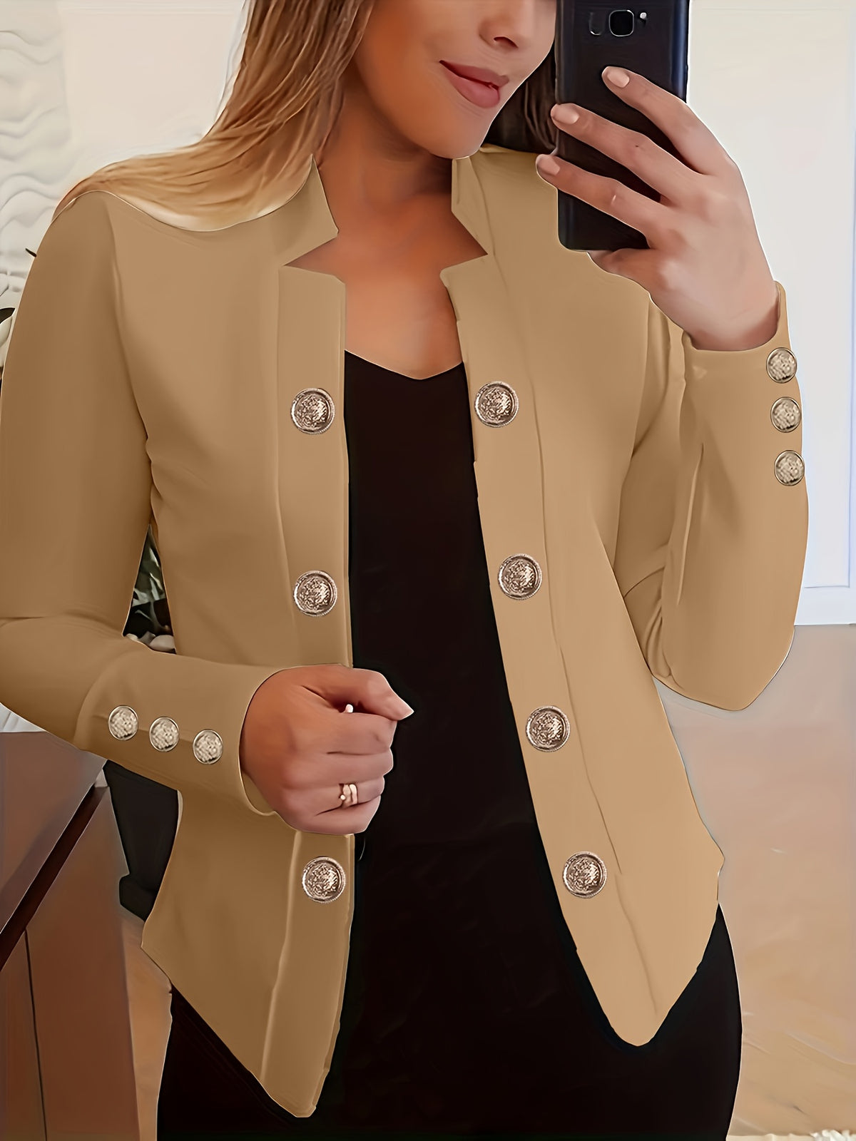 Women's Double-Breasted Cardigan Jacket – Cuffed Long Sleeve Solid Color Blazer-Style Coat for Spring, Fall & All-Season Wear