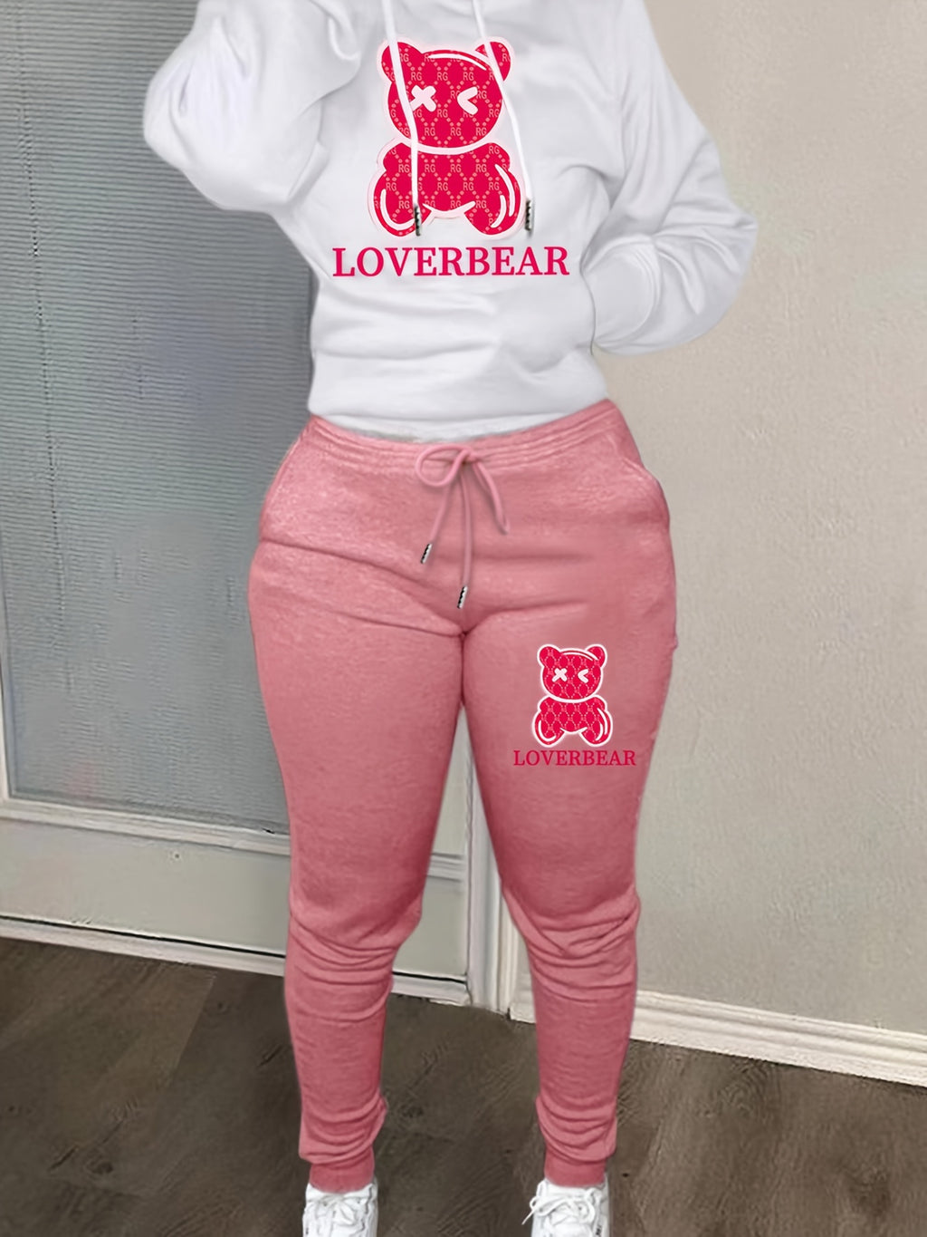 Cartoon Bear Print Two-piece Set Hoodie & Jogger Pants Women Tracksuit Drawstring Long Sleeve Sweatsuit Outfit S-XXL Multiple Colors