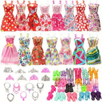 32-Piece Girl Doll Dress-Up Fashion Set – 10 Outfits, 10 Pairs of Shoes, 6 Crowns & 6 Necklaces, Multi-Color Random Style, Doll Wardrobe Accessories for Kids