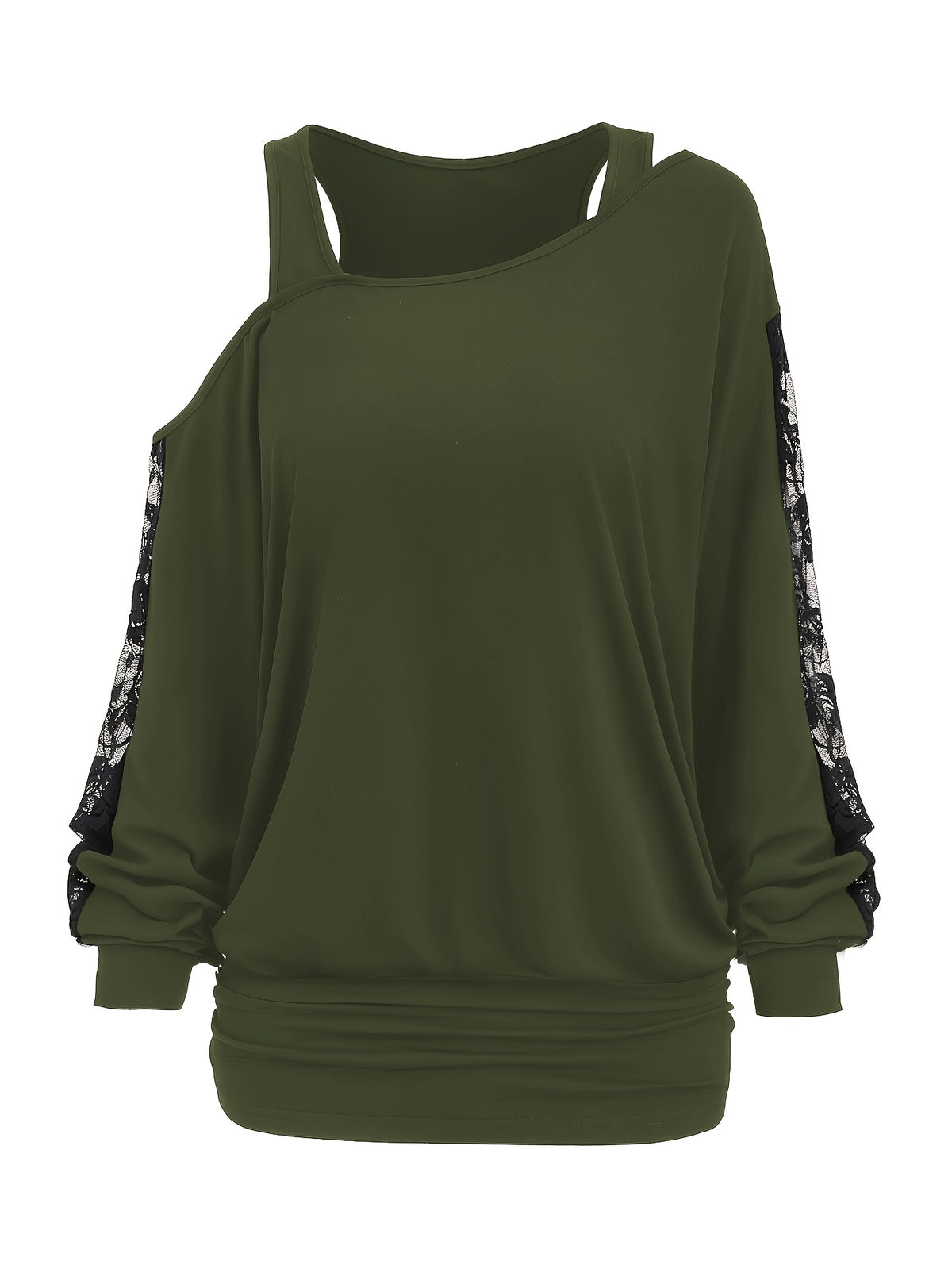 Lace Splicing Long Sleeve Top Women Casual Loose Knit Shirt Fall Winter Contrast Lace Panel Blouse Black Deep Red Olive Green Dark Gray S M L XL XXL
