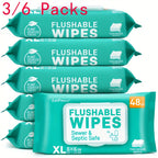 Flushable Wet Wipes Extra Large Thickened – 144 or 288 Count (3-Pack or 6-Pack x 48ct), Alcohol-Free, Plant-Based, Septic & Sewer Safe, Sensitive Skin & Baby Safe