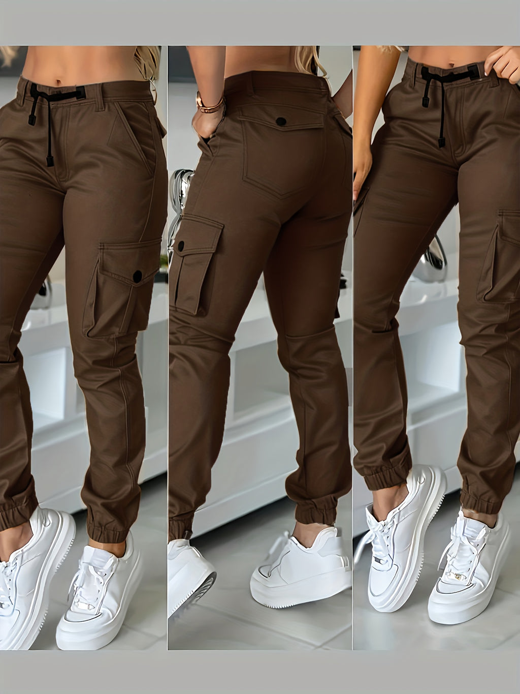 Women's High Waist Cargo Joggers Ankle Pants with Drawstring Pockets Slim Fit Casual Trousers Spring Autumn Black Khaki Grey XS-XL