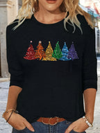Christmas Tree Print Long Sleeve T-Shirt Women Crew Neck Loose Fit Casual Holiday Graphic Tee Soft Stretch Fabric S-XXL Machine Washable