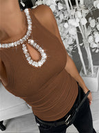 Women's Sleeveless Rhinestone Blouse High Elasticity Round Neck Pearl Casual Elegant Stretchable Top Solid Color Machine Washable S M L XL XXL Multiple Colors