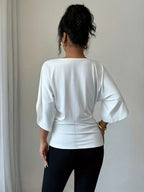 Women's V-Neck Batwing Sleeve Knit Top - Casual Loose Fit Three Quarter Sleeve High Waist T-Shirt Blouse for Spring Summer Fall, Versatile Mid-Length Pullover Top, White Black, Sizes XS-XL