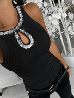 Women's Sleeveless Rhinestone Blouse High Elasticity Round Neck Pearl Casual Elegant Stretchable Top Solid Color Machine Washable S M L XL XXL Multiple Colors
