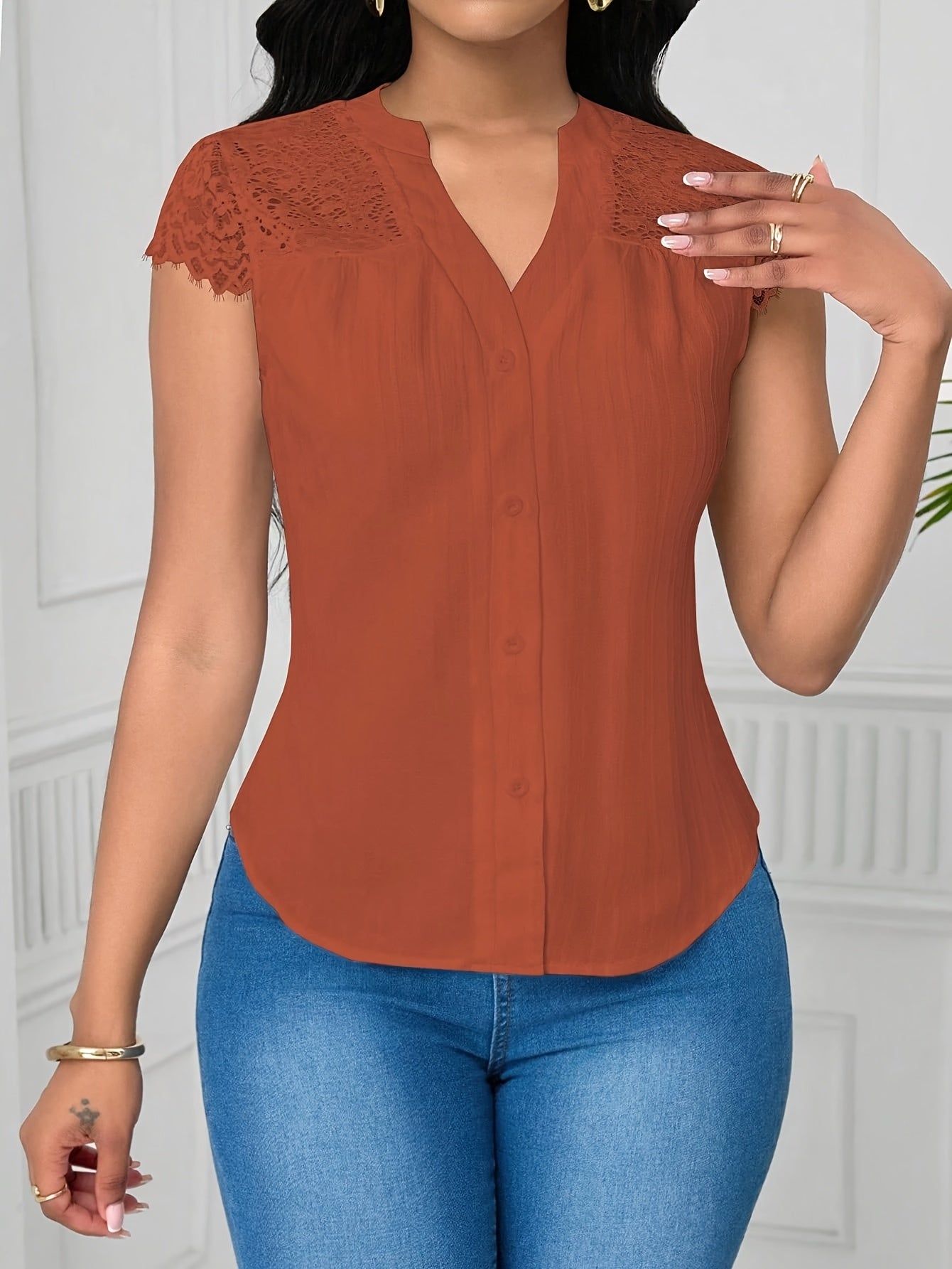 Women's Elegant Lace Patchwork Blouse – V-Neck Striped Semi-Sheer Woven Top for Summer, Casual & Weekend Wear