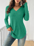 Women's Spliced V-Neck Ribbed Long Sleeve T-Shirt – Soft Stretch Solid Color Casual Top for Spring Fall Winter | Multi-Color S-XXL