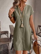 Women's V-Neck Loose Fit Button Dress – Elegant Casual Solid Color Summer Shirt Dress in 9 Colors for Everyday & Vacation Wear