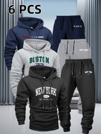 Men's 6-Piece Tracksuit Set Hoodie & Jogger Pants - City Print Street Style Sportswear for Jogging Outdoor Fitness Casual Wear S-XXL