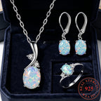 925 Sterling Silver Water Drop Opal Jewelry Set for Women – 4 Piece Necklace Earrings and Ring Set, Elegant Opal Pendant Fashion Jewelry Gift for Party Daily Wear Birthday Anniversary