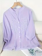 Women's Floral Embroidered Blouse Long Sleeve Button Down - White Elegant Stand Collar Casual Shirt, Delicate Flower Print Summer Top S-XXL
