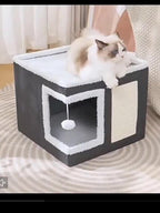 Multi-Layer Cat House with 2-Tier Bed, Toy Tunnel, Foldable Scratching Post & Cozy Mat – All-Season Indoor Cat Condo with Plush Hanging Ball, Nylon Frame & Canvas, Foldable Design