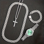 4pcs Rhinestone Watch & Cross Pendant Jewelry Set Quartz Analog Wrist Watch Necklace Bracelet Earrings Unisex Gift for Him Her Wedding