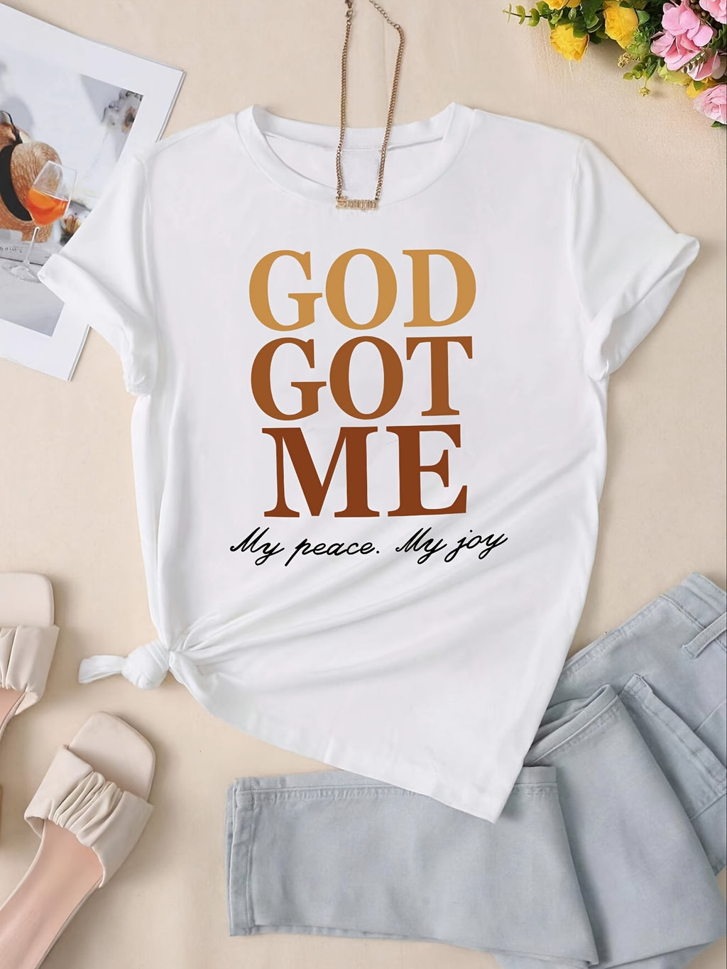 God Got Me My Peace My Joy Women's Christian Graphic T-Shirt Black Crew Neck Faith Letter Print Casual Tee for Summer Spring Fall