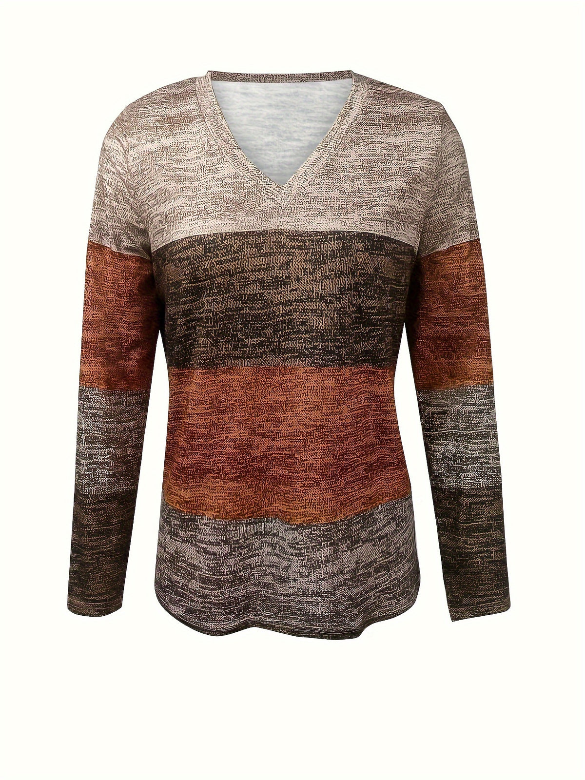 V-Neck Long Sleeve Top Women Geometric Print Casual Shirt Spring Summer Fall Stretchy Polyester Elastane Coffee Peacock Blue S M L XL XXL