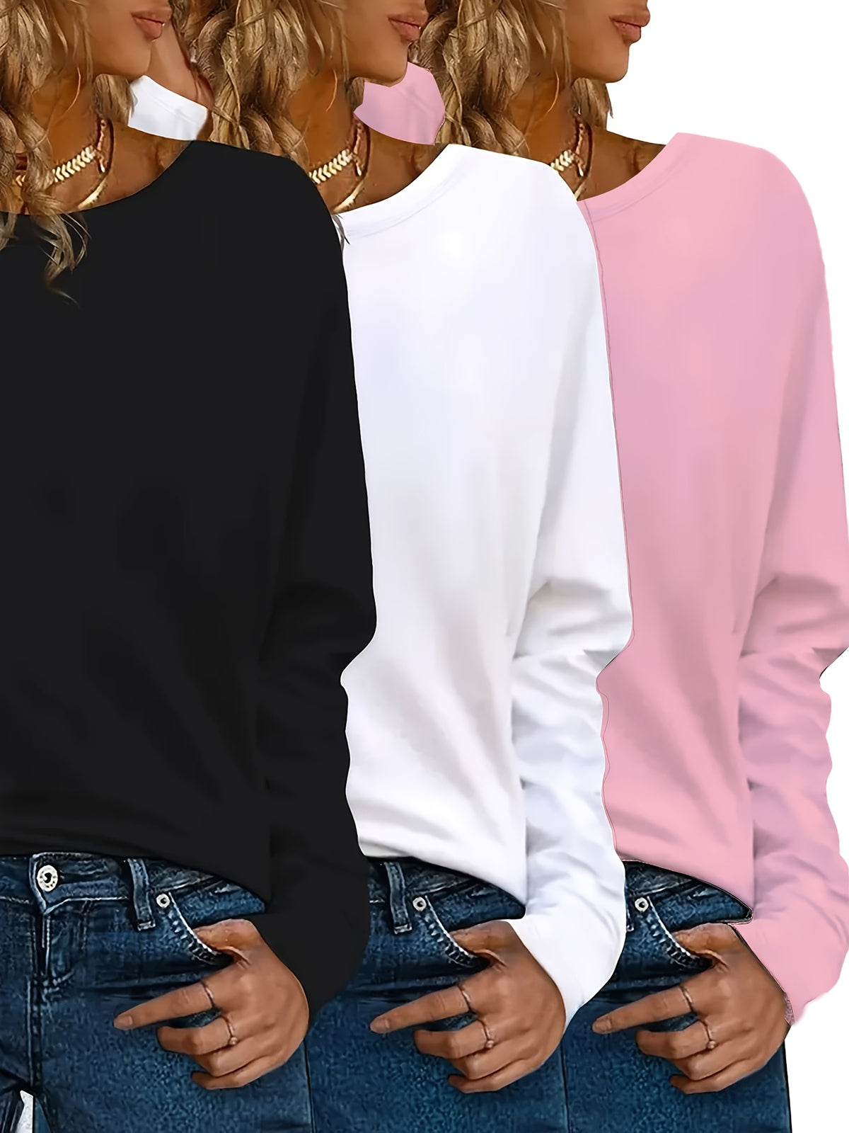 Y2K 3 Piece Long Sleeve T-Shirt Set for Women Solid Color Casual Warm Tops Regular Fit All Seasons Streetwear Layering Outfit S M L XL XXL