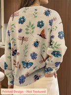 Women's Insect Floral Print Sweater Casual Long Sleeve Crew Neck Pullover Knit Top for Autumn Winter | Lightweight Soft Stretch All-Over Pattern
