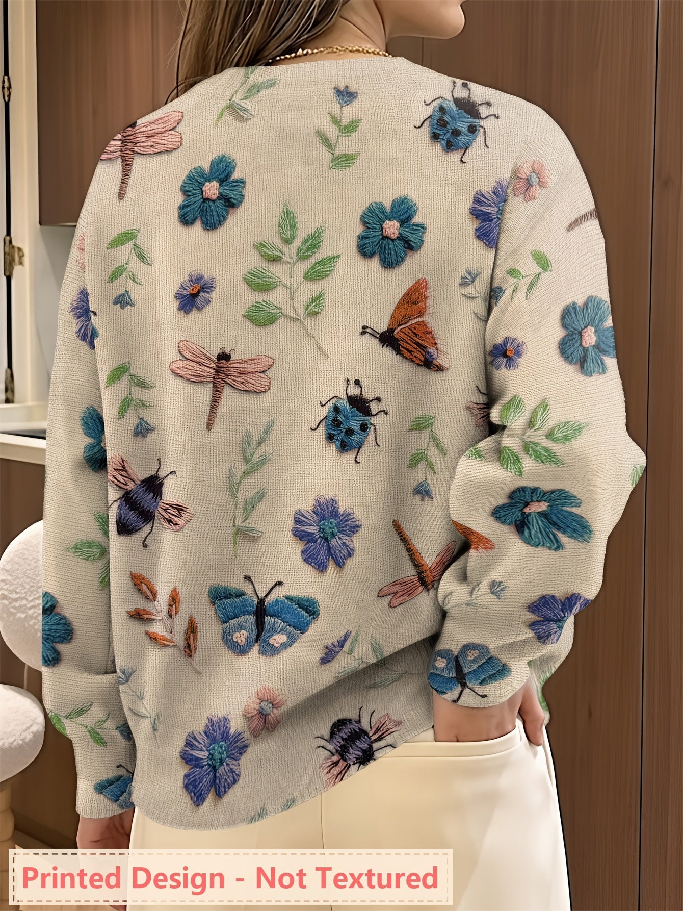 Women's Insect Floral Print Sweater Casual Long Sleeve Crew Neck Pullover Knit Top for Autumn Winter | Lightweight Soft Stretch All-Over Pattern