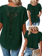 Lace Patchwork Round Neck Short Sleeve T-Shirt Women Summer Casual Flowy Top Peacock Blue Khaki Black White S M L XL XXL