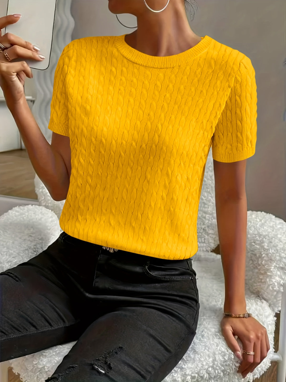 Women's Ribbed Knit Short Sleeve Pullover Top | Crew Neck Minimalist Casual Summer T-Shirt Versatile Stretch Comfort