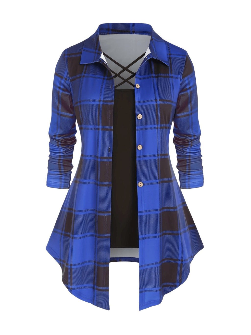Women's Retro 2-Piece Set - High-Waist Plaid Long Sleeve Blouse & Body Strap | Vintage Button Lapel Collar Fall Spring Outfit Fashion