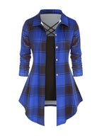 Women's Retro 2-Piece Set - High-Waist Plaid Long Sleeve Blouse & Body Strap | Vintage Button Lapel Collar Fall Spring Outfit Fashion