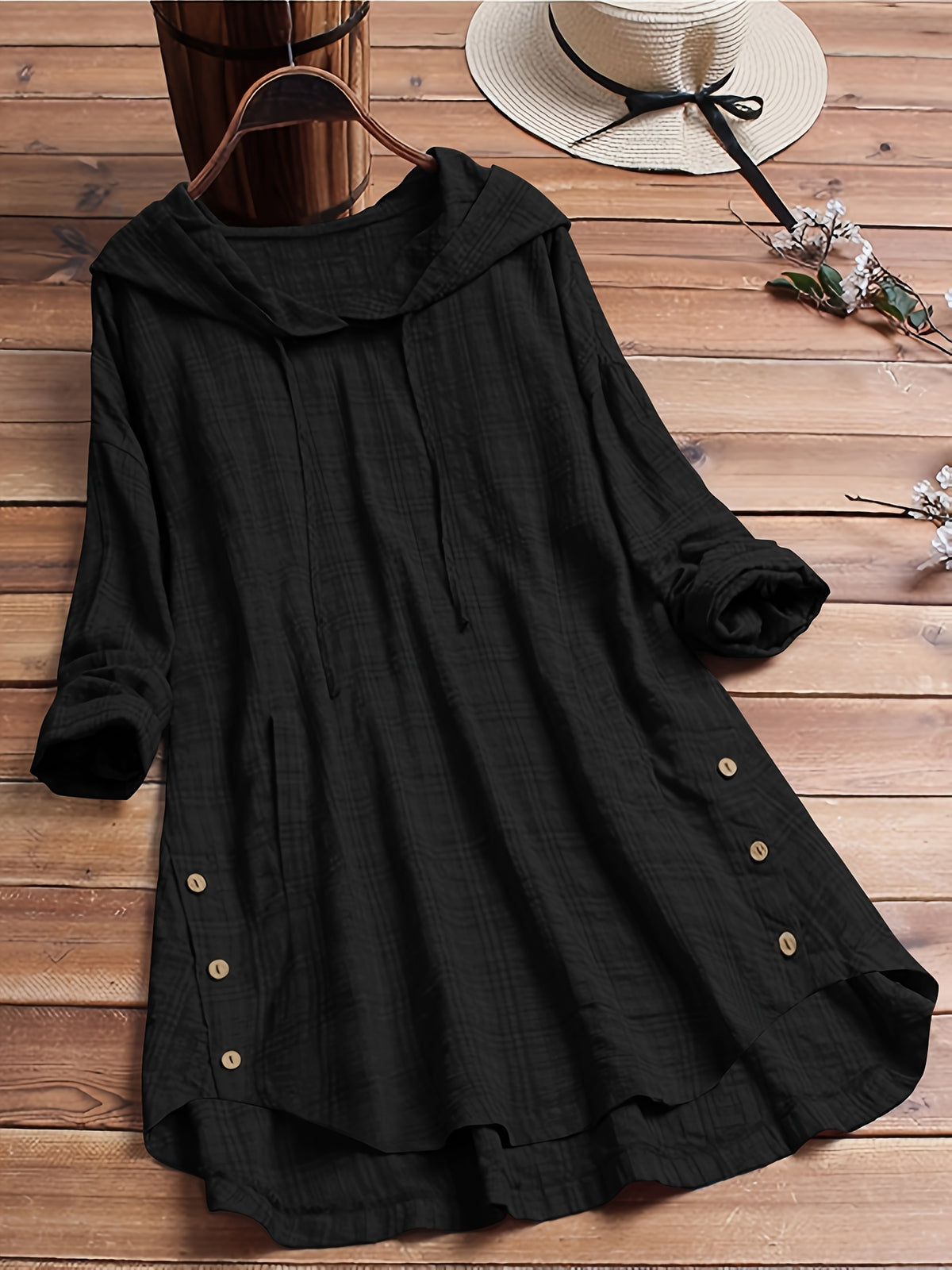 Women's Plaid Hooded Long Sleeve Drawstring Shirt | Asymmetrical Hem Waist-Tied Blouse Casual Autumn Outerwear Top