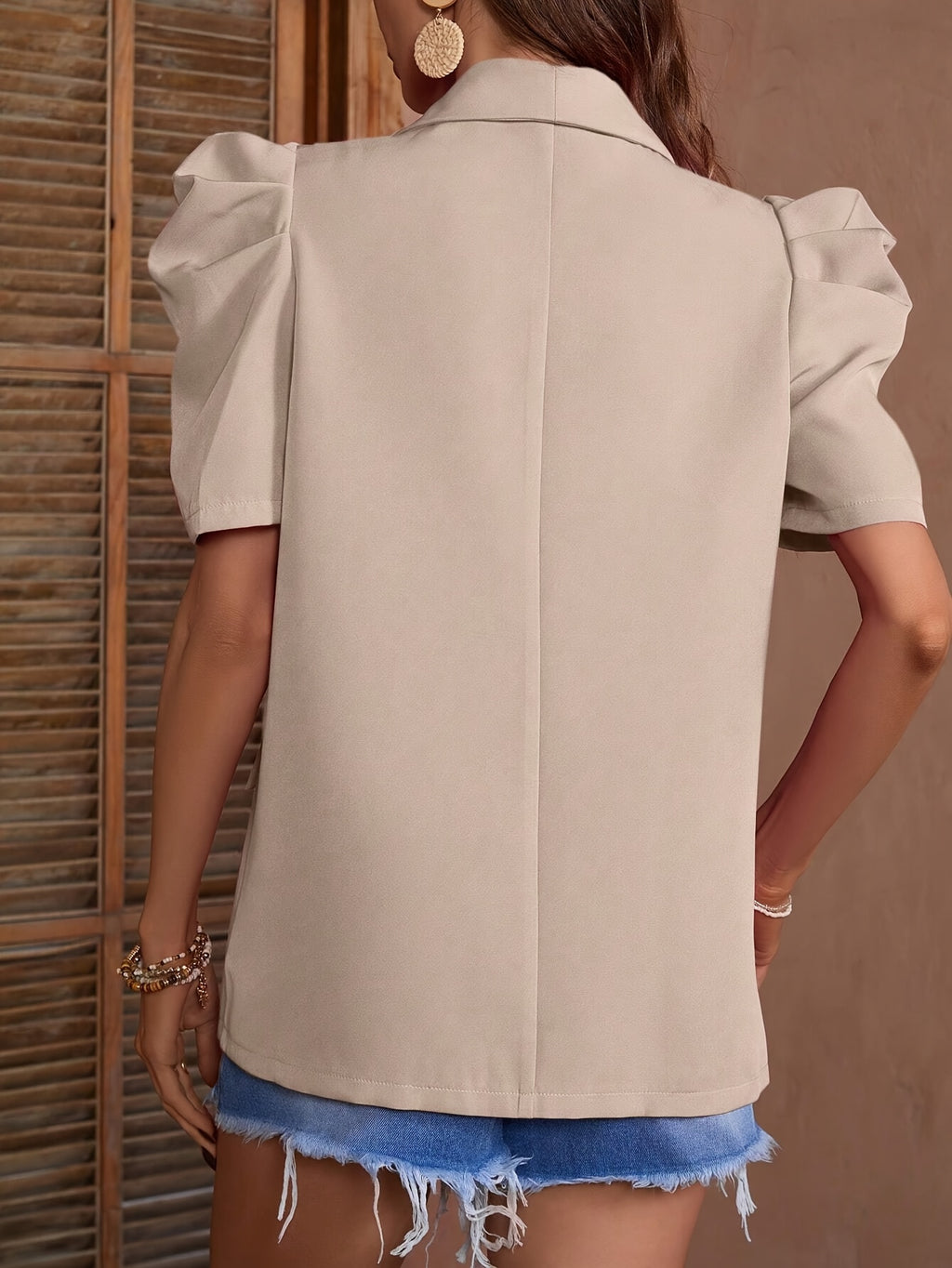Women's Lantern Sleeve Blazer Solid Color Single Button Short Sleeve Loose Fit Faux Pocket Suit Jacket Spring Summer Khaki Black S M L XL XXL
