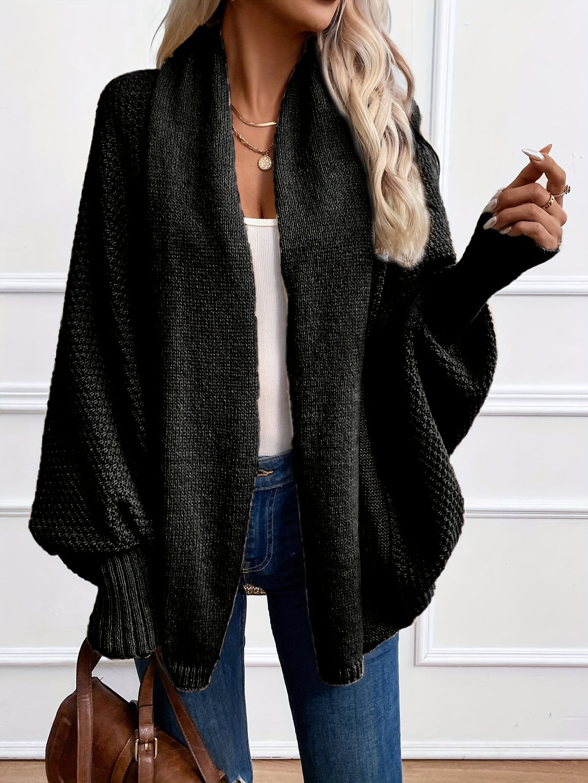 Batwing Sleeve Open Front Shawl Collar Cardigan Women Loose Knit Sweater Coat – Khaki Solid Color Lightweight Layering Outerwear