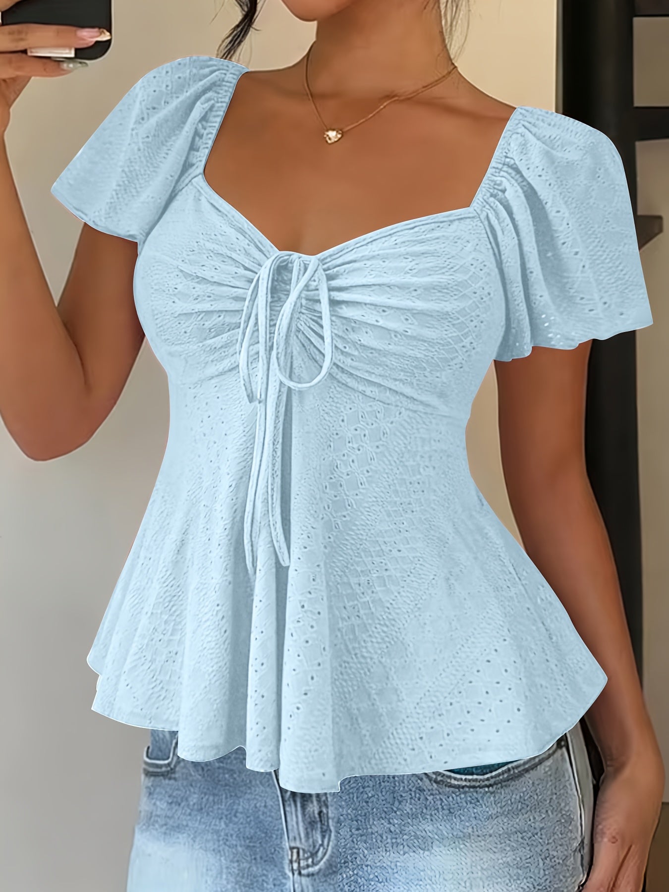 Women's Y2K Jacquard V-Neck Drawstring T-Shirt – Solid Color Short Sleeve Breathable Elegant Top for Spring & Summer